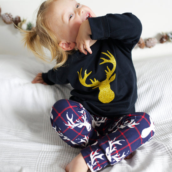 Load image into Gallery viewer, Black &amp;amp; Gold Stag Long Sleeve Top
